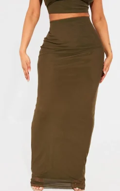 Shape Olive Mesh Printed Detail Maxi Skirt