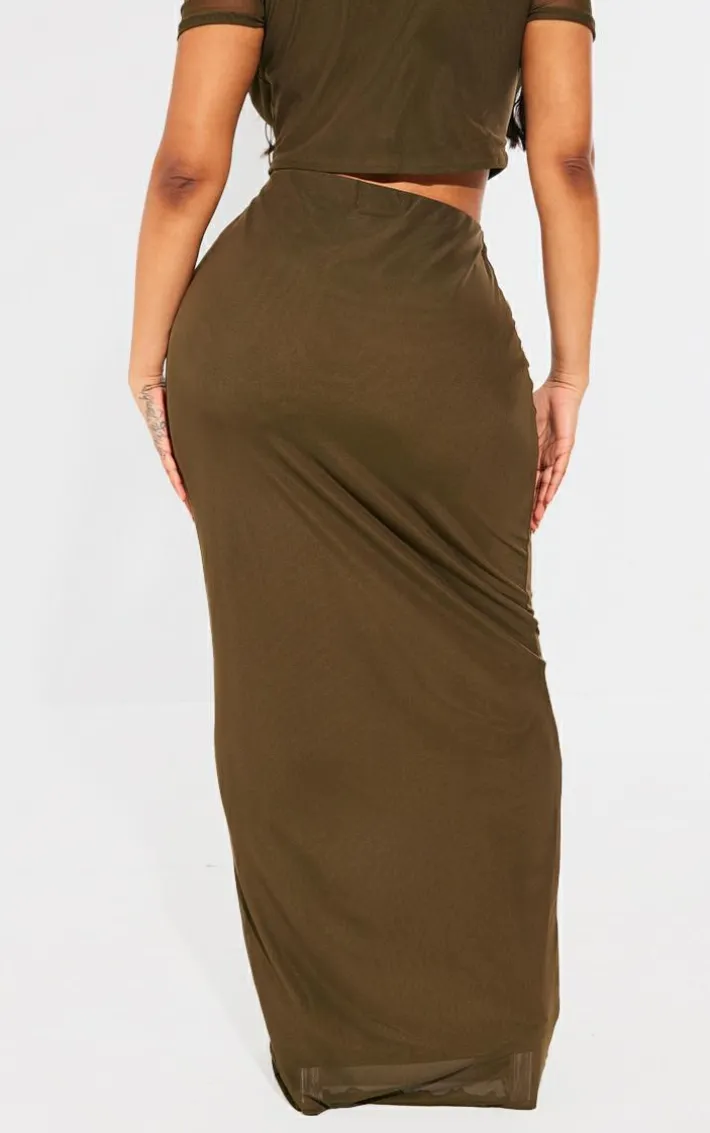 Shape Olive Mesh Printed Detail Maxi Skirt