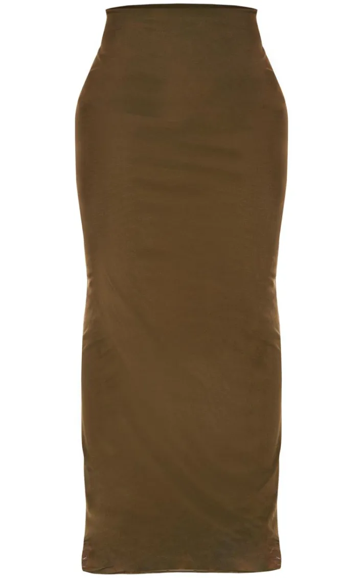 Shape Olive Mesh Printed Detail Maxi Skirt