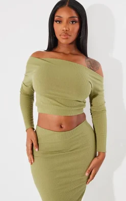 Shape Olive Rib One Shoulder Crop Top