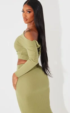 Shape Olive Rib One Shoulder Crop Top