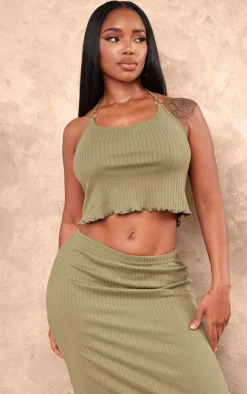 Shape Olive Rib Ring Detail Halterneck Crop Top