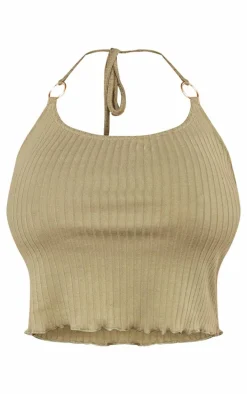 Shape Olive Rib Ring Detail Halterneck Crop Top