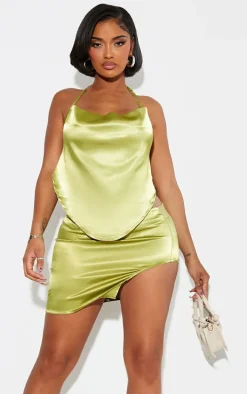 Shape Olive Satin Asymmetric Mini Skirt