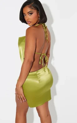 Shape Olive Satin Halterneck Cowl Neck Top