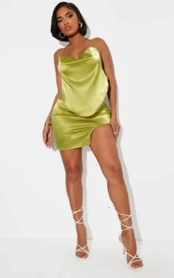 Shape Olive Satin Halterneck Cowl Neck Top