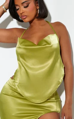 Shape Olive Satin Halterneck Cowl Neck Top