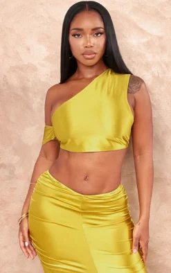 Shape Olive Satin One Shoulder Crop Top