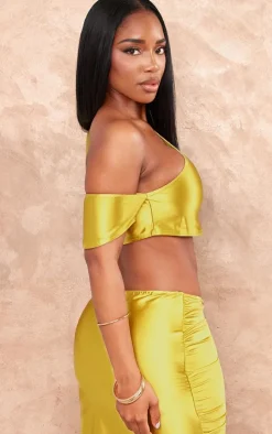 Shape Olive Satin One Shoulder Crop Top