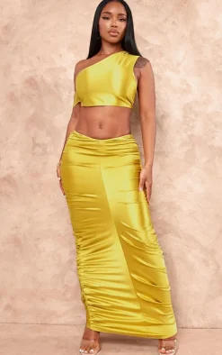 Shape Olive Satin One Shoulder Crop Top