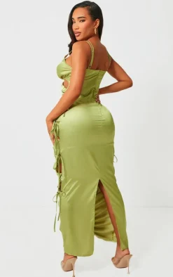 Shape Olive Satin Ruched Strappy Detail Maxi Dress