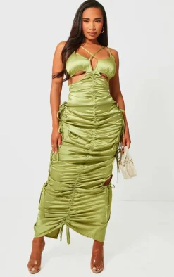 Shape Olive Satin Ruched Strappy Detail Maxi Dress