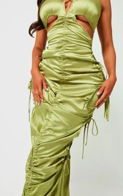 Shape Olive Satin Ruched Strappy Detail Maxi Dress