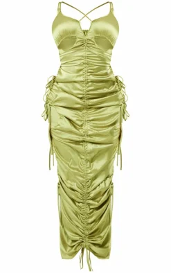 Shape Olive Satin Ruched Strappy Detail Maxi Dress