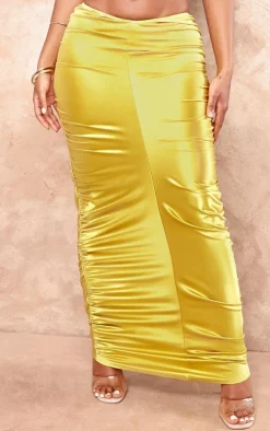 Shape Olive Satin Ruched Side Maxi Skirt