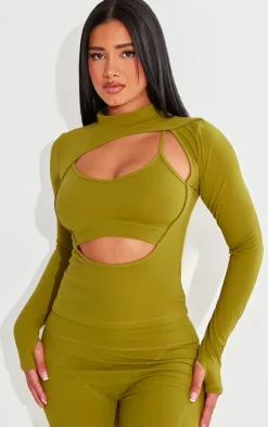 Shape Olive Sculpted Cut Out Bralette Detail Long Sleeve Top