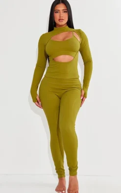 Shape Olive Sculpted Cut Out Bralette Detail Long Sleeve Top
