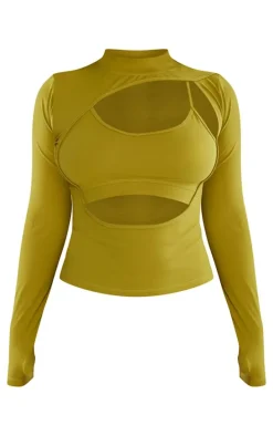Shape Olive Sculpted Cut Out Bralette Detail Long Sleeve Top