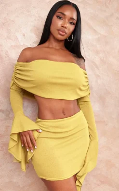 Shape Olive Sheer Mesh Bardot Flute Sleeve Crop Top