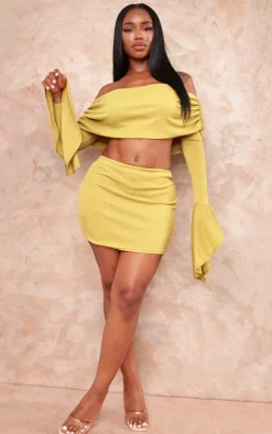 Shape Olive Sheer Mesh Bardot Flute Sleeve Crop Top