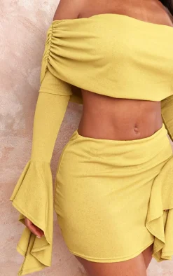 Shape Olive Sheer Mesh Bardot Flute Sleeve Crop Top