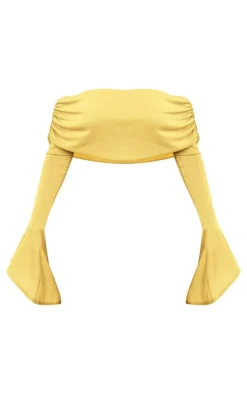 Shape Olive Sheer Mesh Bardot Flute Sleeve Crop Top