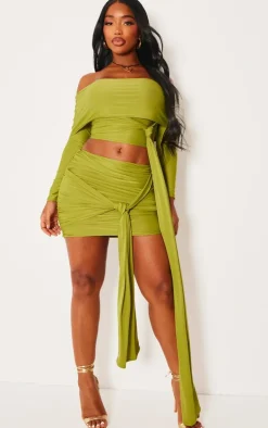 Shape Olive Slinky Bardot Knot Side Crop Top