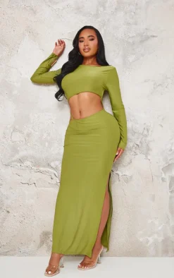 Shape Olive Slinky Long Sleeve Cut Out Strap Detail Maxi Dress