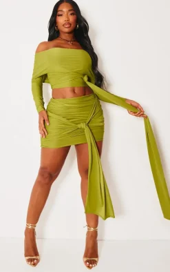 Shape Olive Slinky Ruched Knot Side Mini Skirt