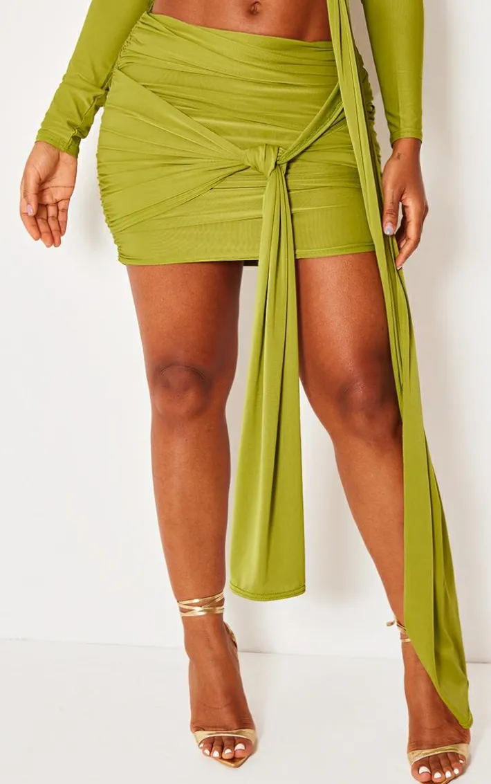 Shape Olive Slinky Ruched Knot Side Mini Skirt