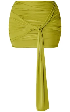 Shape Olive Slinky Ruched Knot Side Mini Skirt