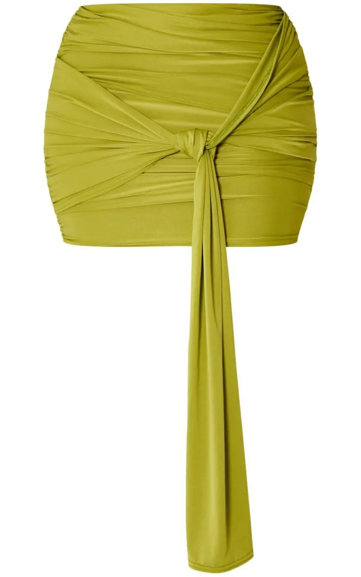 Shape Olive Slinky Ruched Knot Side Mini Skirt