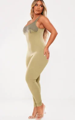 Shape Olive Snatched Rib Contrast Sleeveless Jumpsuit