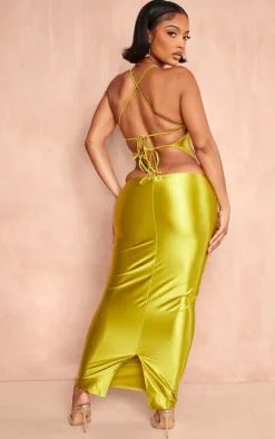 Shape Olive Stretch Satin Cut Out Detail Midaxi Dress