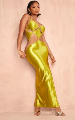 Shape Olive Stretch Satin Cut Out Detail Midaxi Dress