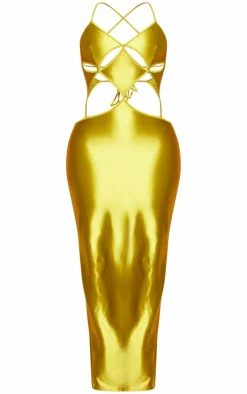 Shape Olive Stretch Satin Cut Out Detail Midaxi Dress