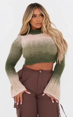 Shape Olive Stripe Knit High Neck Sweater