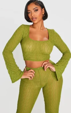 Shape Olive Textured Sheer Long Sleeve Crop Top