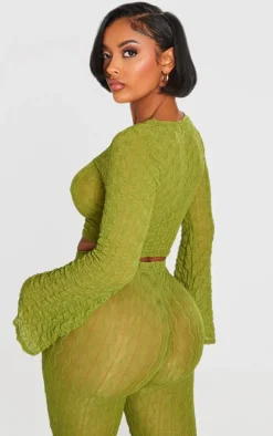 Shape Olive Textured Sheer Long Sleeve Crop Top