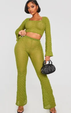 Shape Olive Textured Sheer Long Sleeve Crop Top