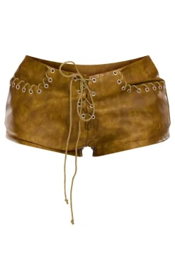 Shape Olive Washed Faux Leather Low Rise Lace Up Mini Shorts