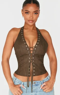 Shape Olive Washed Faux Leather Halter Neck Lace Up Corset