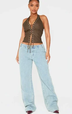 Shape Olive Washed Faux Leather Halter Neck Lace Up Corset