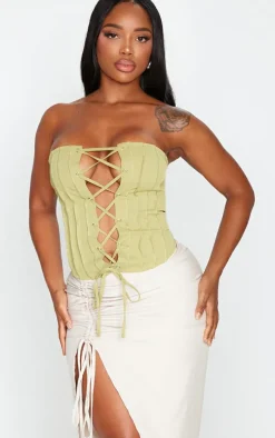 Shape Olive Woven Seam Detail Bandeau Lace Up Corset