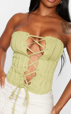 Shape Olive Woven Seam Detail Bandeau Lace Up Corset