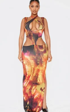 Shape Orange Abstract Printed Slinky Cut Out Tie Detail Maxi Dress