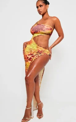 Shape Orange Animal Printed Slinky Cut Out Ring Detail Maxi Dress