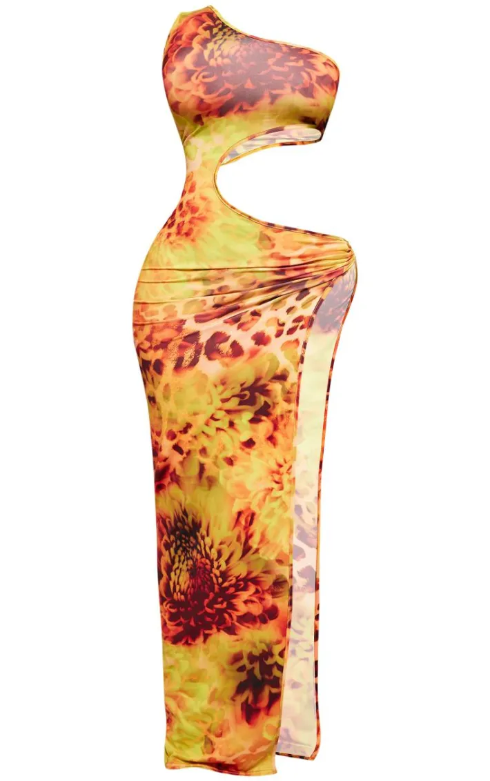 Shape Orange Animal Printed Slinky Cut Out Ring Detail Maxi Dress