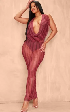 Shape Orange Body Print Mesh Halterneck Cowl Maxi Dress