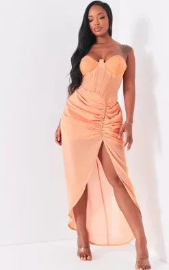 Shape Orange Corset Detail Sleeveless Ruched Midi Dress